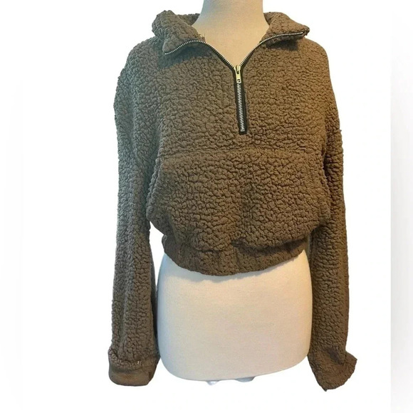 Brown Sherpa Zaful teddy Cropped pullover Size M 3/4 zip sweater womens crop top - Picture 1 of 6